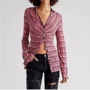 FREE PEOPLE Lucky Shirtee size Small Retro Pink‎ Pattern Y2K 90s Button Front